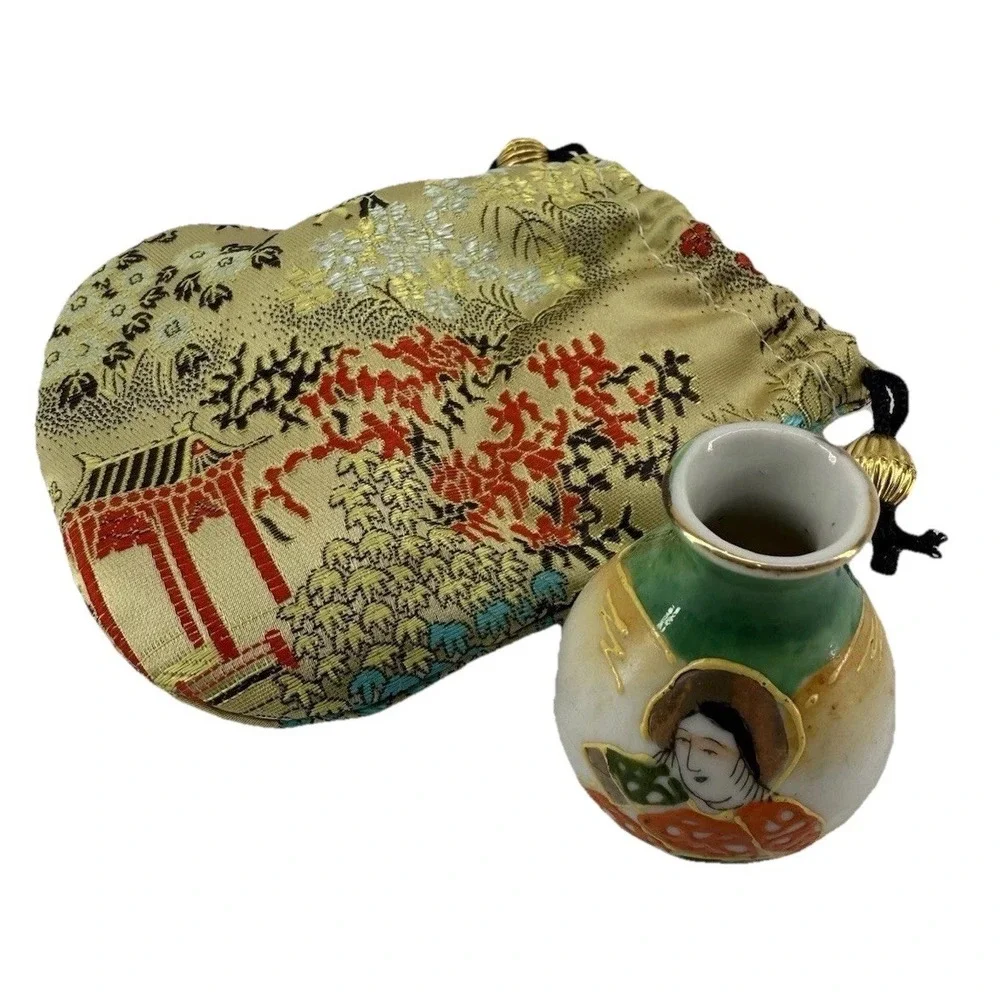 Miniature Vase w/ Geisha Motif + Brocade Pouch 2